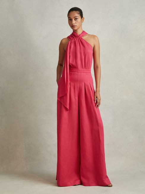 Linen Blend Drape Jumpsuit | Reiss UK