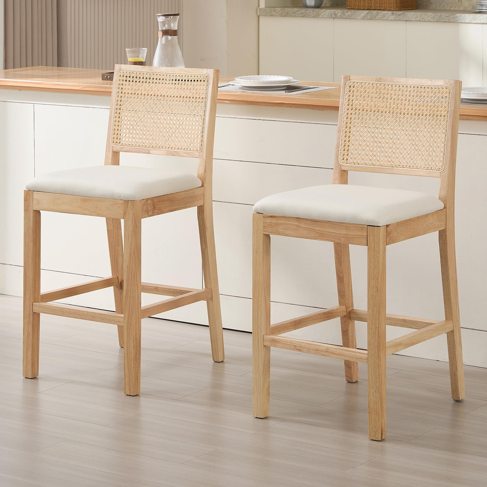 Relbiety Rattan Counter Height Bar Stools Set of 2,Upholstered Linen Fabric Barstools with Cane B... | Amazon (US)