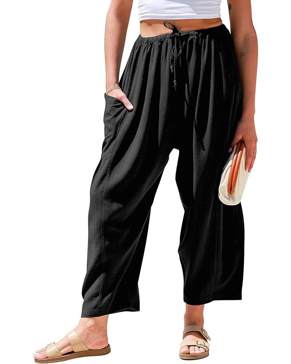 TARSE Womens Linen Wide Leg Pants Casual Loose Drawstring Low Waist Beach Palazzo Harem Pants wit... | Amazon (US)