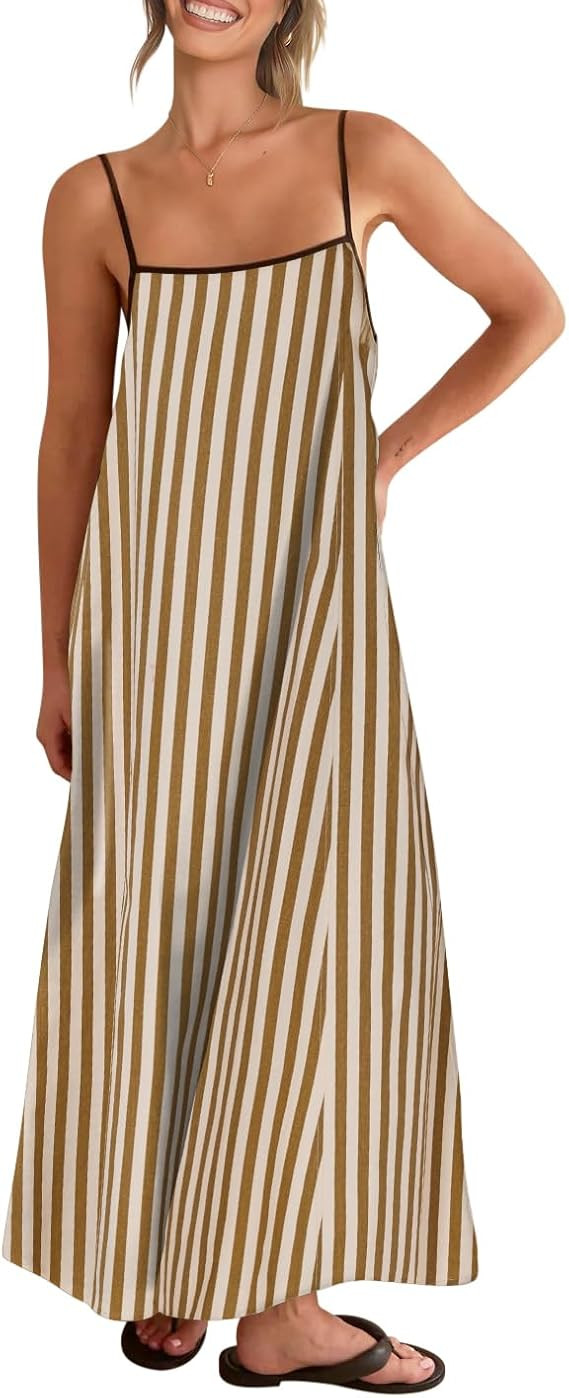 Shy Velvet - Vestido largo de lino de verano para mujer, diseño con tirantes delgados en contras... | Amazon (US)