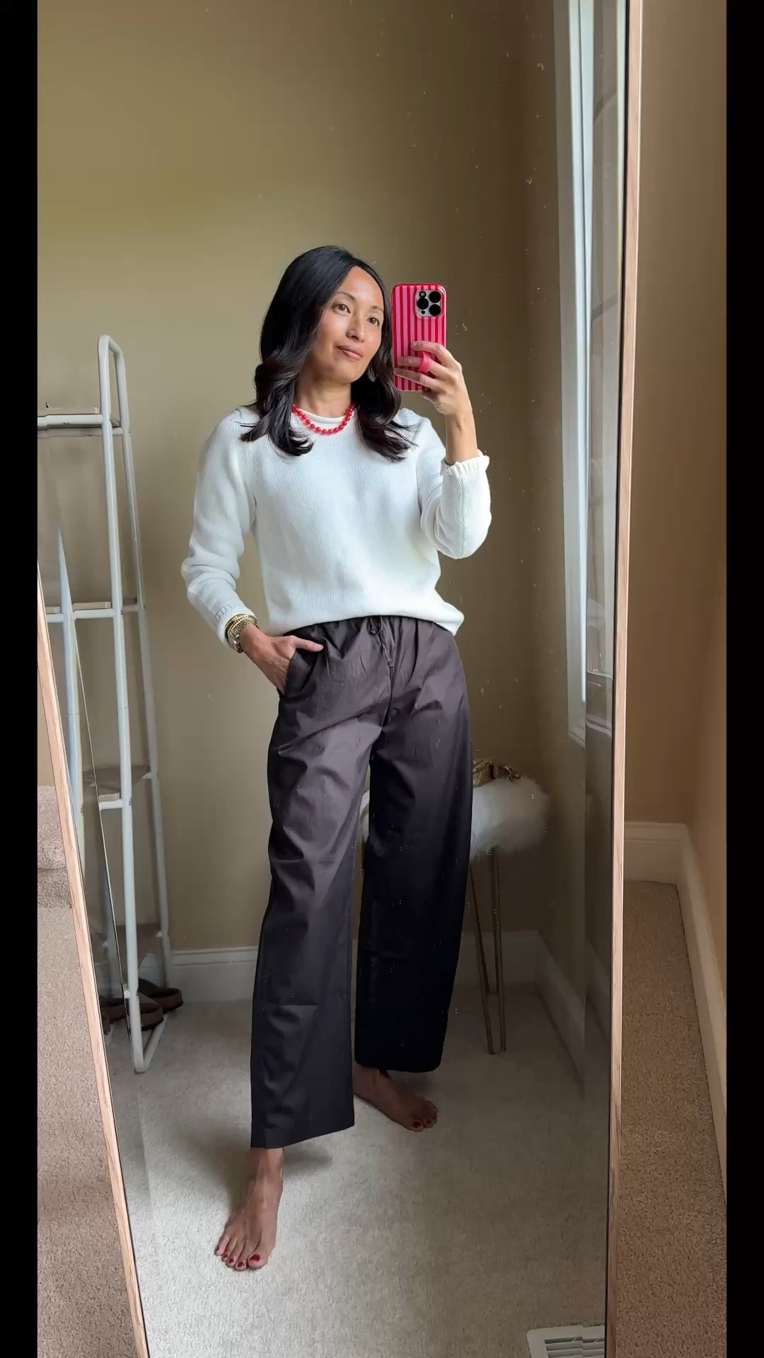 Modern classic spring outfit for a chilly day. 
- Cotton roll neck sweater. Can work year round. 
(Size up in exact sweater)
- Cotton poplin pants. Effortless pull on style for when you want a change from jeans. 
(I sized down in exact pants)
- Pop of color necklace 
- Textured slide sandals and nail polish from @Birkenstock US 
- Everyday crossbody bag that works well as a travel bag too
- Gold bracelets that elevate basic outfits
- Lip blush from @Merit for a comfy natural wash of color. My shade: vendome.

#LTKOver40 #LTKootd