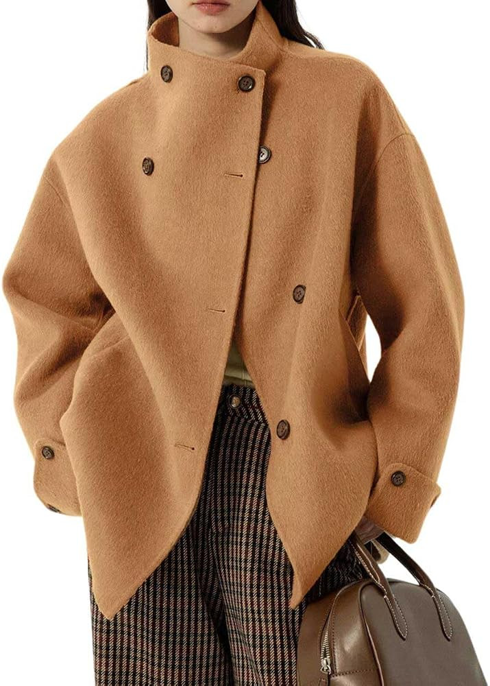 chouyatou Womens Winter Stand Collar Wool Trench Coat Single Breasted Blazer Jacket Coat Loose Ou... | Amazon (US)
