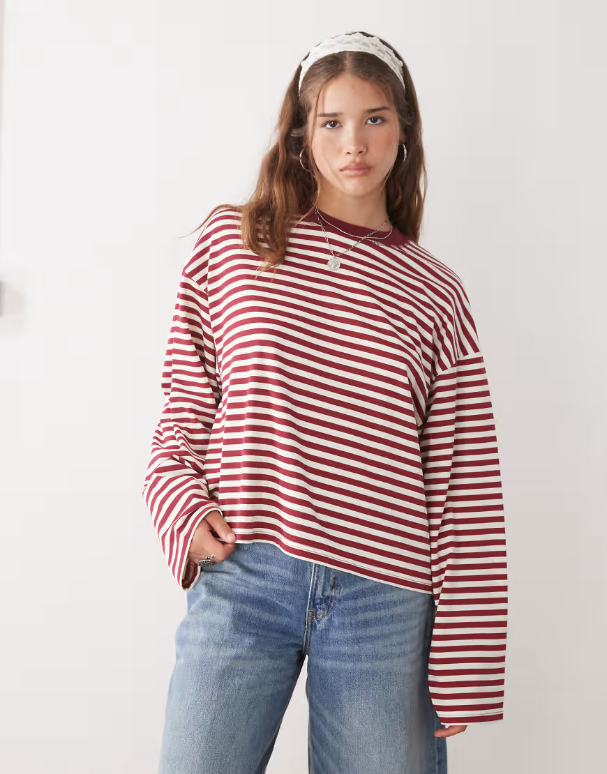 Lioness Bloom cotton blend long sleeve crew neck boxy t-shirt in wine & white stripe-Multi | ASOS (Global)