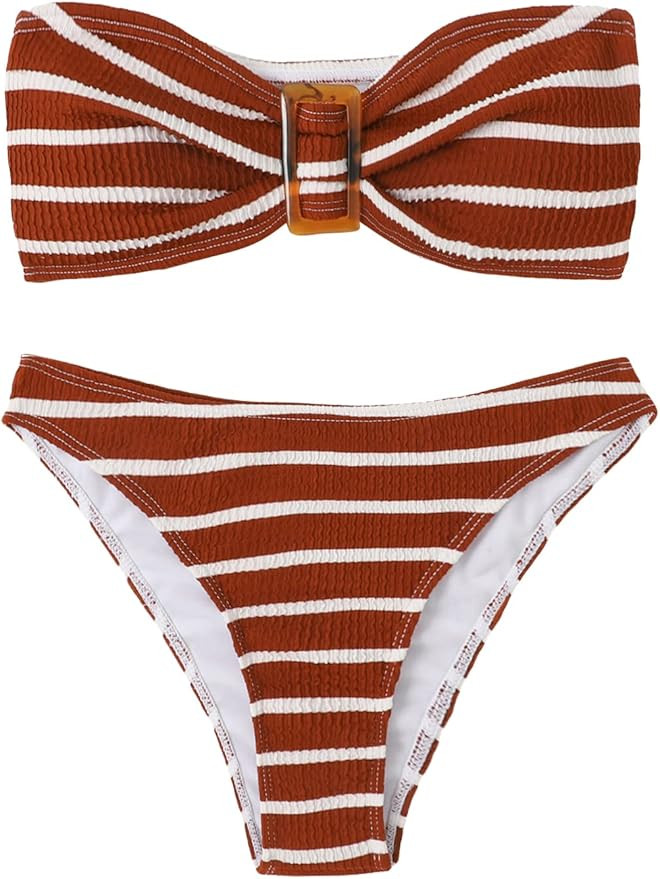 GORGLITTER Women's 2 Piece Striped Swimsuit Strapless Bandeau High Waisted Thong Bikini Set Bathi... | Amazon (US)