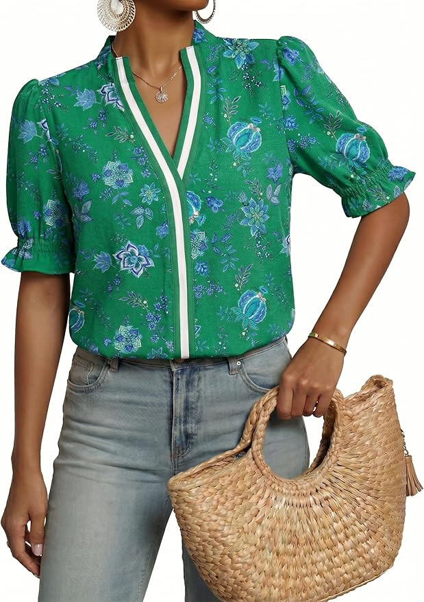Dokotoo Women's Summer Boho Floral Ruffle Shirt Puff Short Sleeve V Neck Casual Trendy Cute Blous... | Amazon (US)