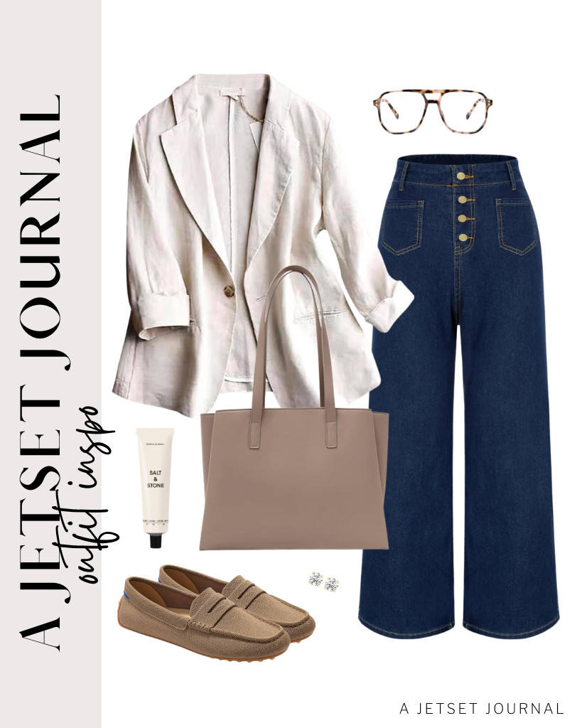 For a stylish office outfit, pair this linen blazer with high-waisted flare denim pants. Rothy’s slip-on loafers complement this combination perfectly, and an Apryl tote bag is a functional choice for carrying essentials and adding style to the outfit. 

 #LTKSeasonal #LTKSaleAlert #LTKTravel