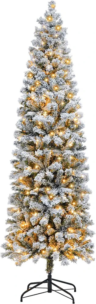 6FT Prelit Pencil Christmas Tree Artificial Snow Flocked Slim Skinny Christmas Trees with 250 LED... | Amazon (US)