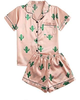 Remidoo Women's Short Sleeve Button Down Satin 2 Piece Pajama Set Sleepwear | Amazon (US)