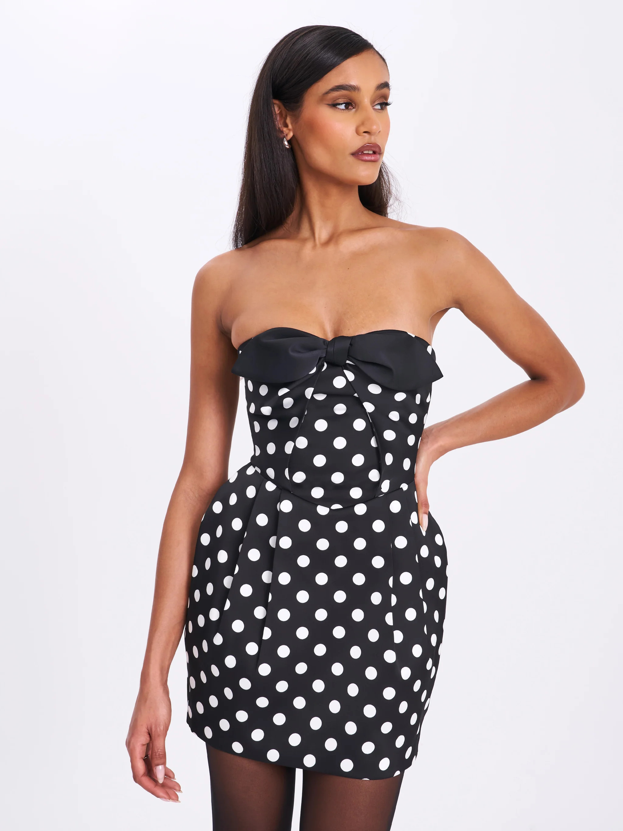 Tahira Black Polka Strapless Mini Dress with Bow | Miss Circle