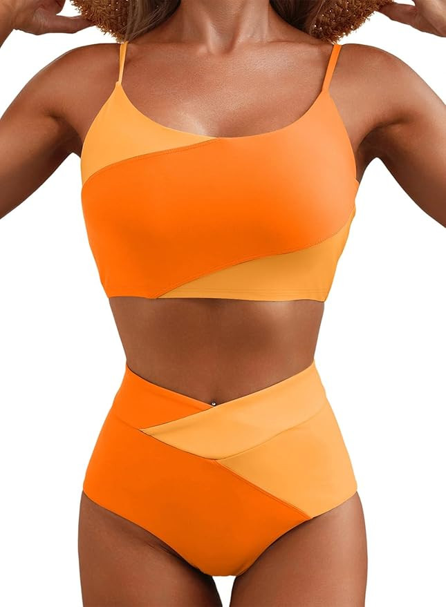 Herseas Women 2 Piece High Waisted Bikini Sets Color Block Popular Swimsuit 2026 Summer Beach Bes... | Amazon (US)