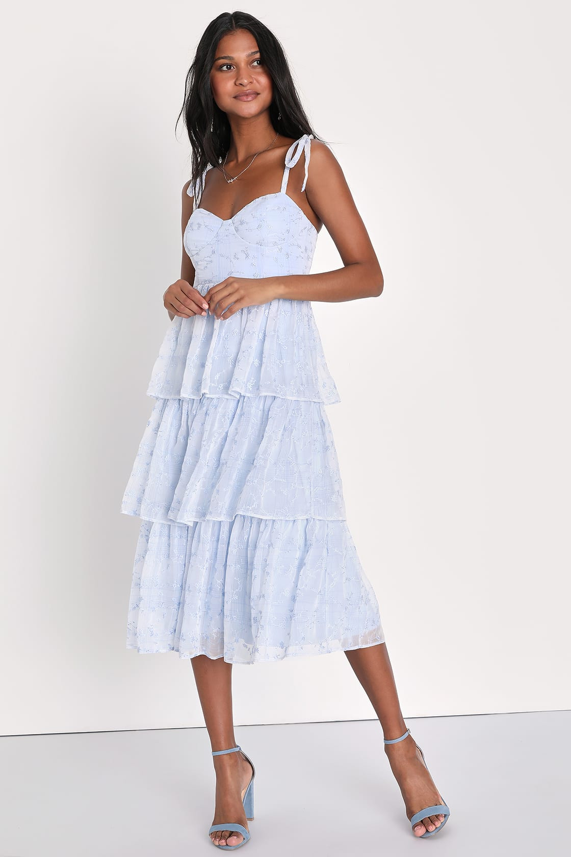 Vineyard Visit Blue Embroidered Tie-Strap Tiered Midi Dress | Lulus