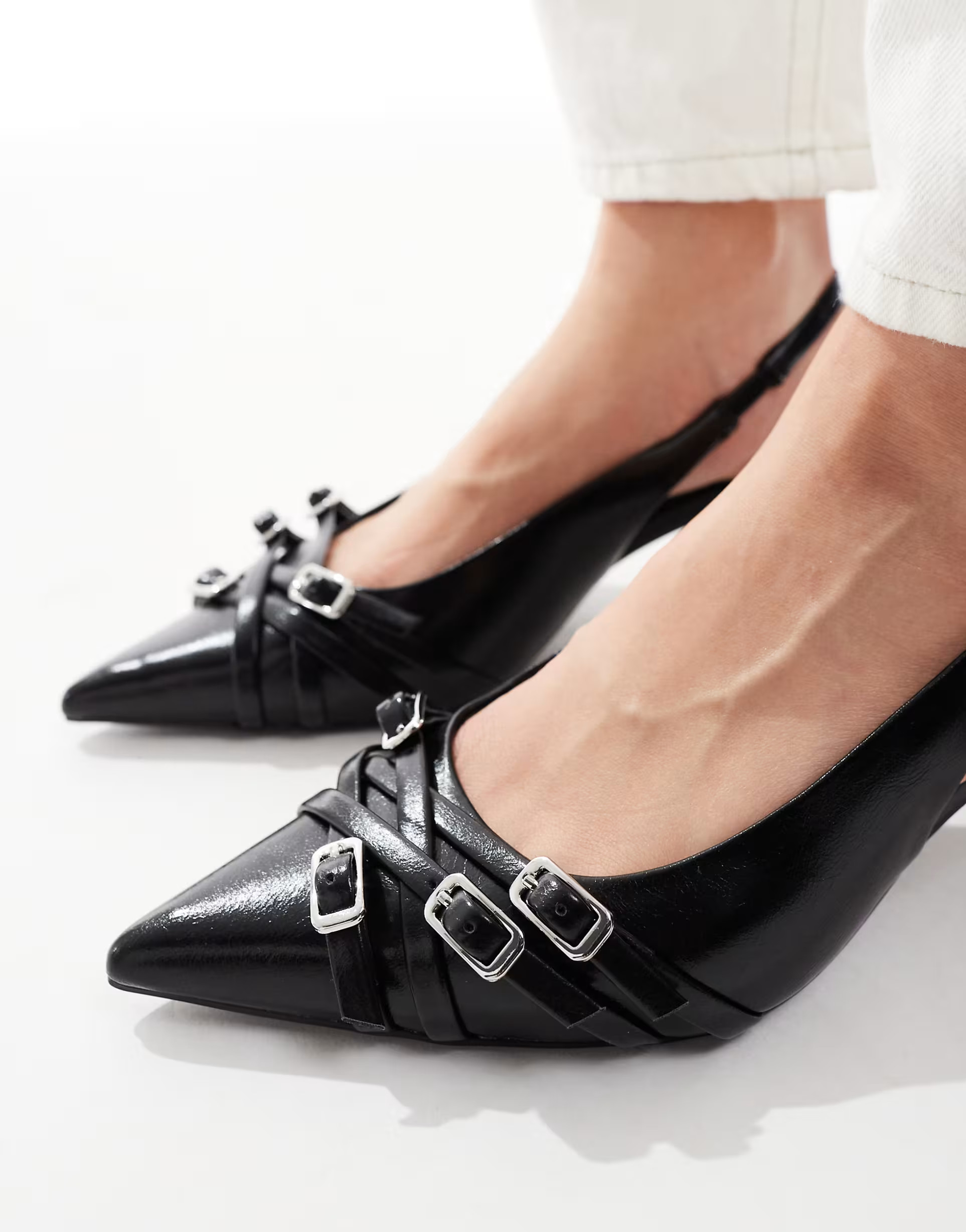 Stradivarius buckle detail slingback kitten heel in black | ASOS (Global)