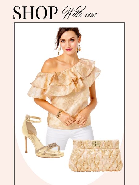 Lilly Pulitzer holiday style. Gold flounce top and matching clutch bag  

#LTKstyletip #LTKGiftGuide #LTKHoliday