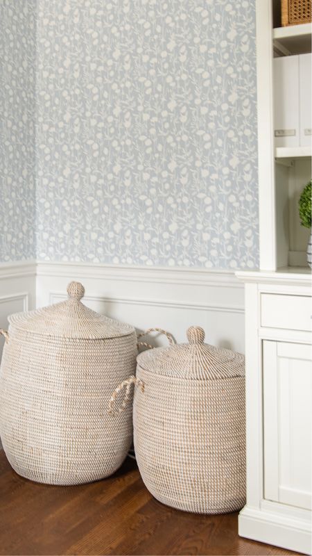 Pretty blue and white wallpaper in home office with wicker storage baskets, desk and hutch 

#LTKhome