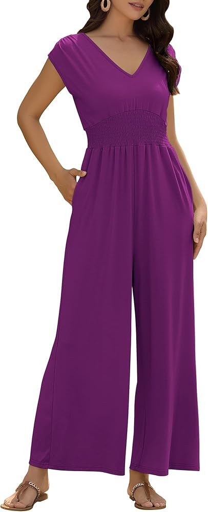 ZAFUL Womens Summer Jumpsuits 2026 Smocked Waist Dressy Casual One Piece Outfits with Pockets | Amazon (US)