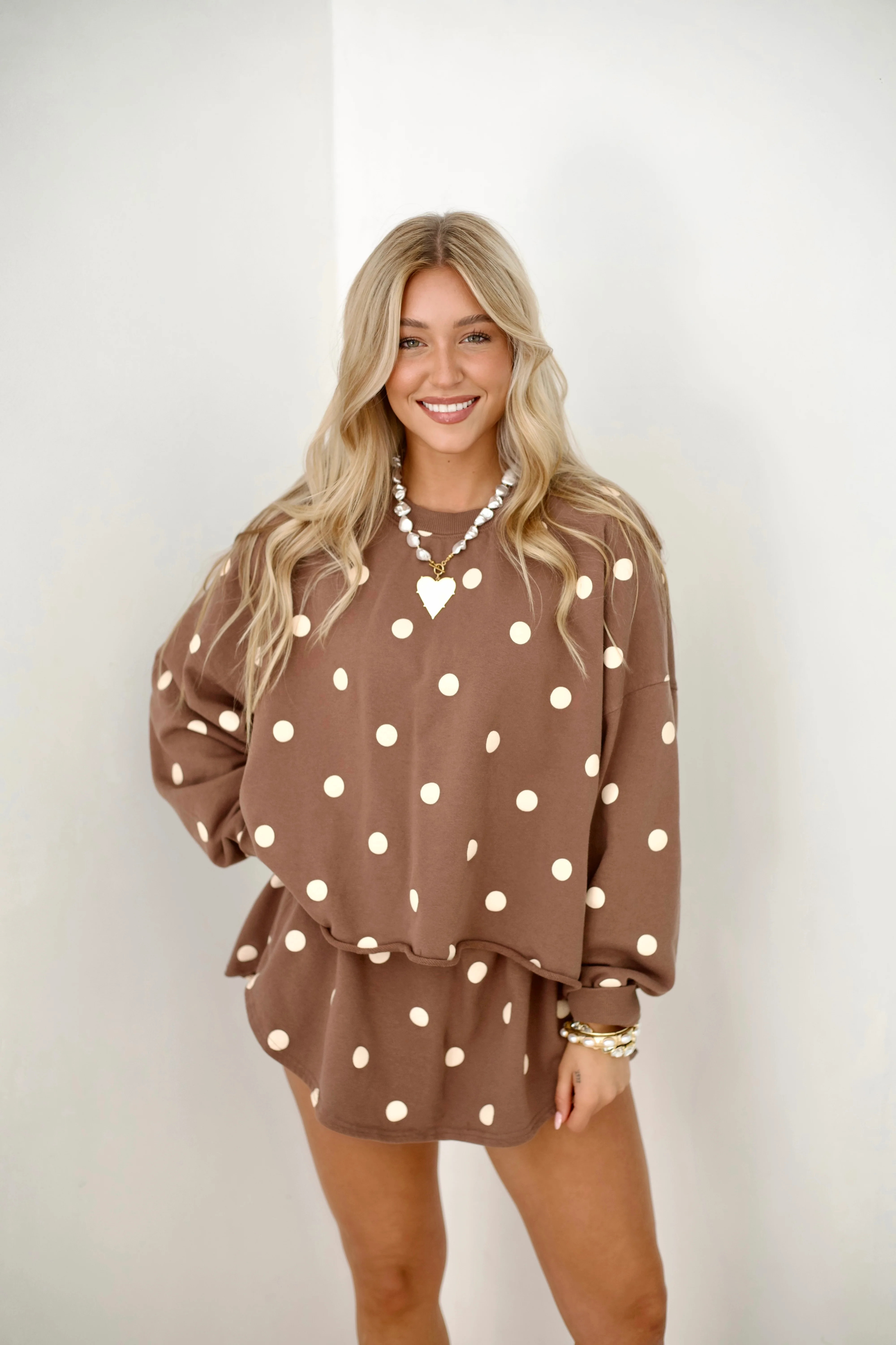Mocha Polka Dot Long Sleeve Crop | Poppy & Pine