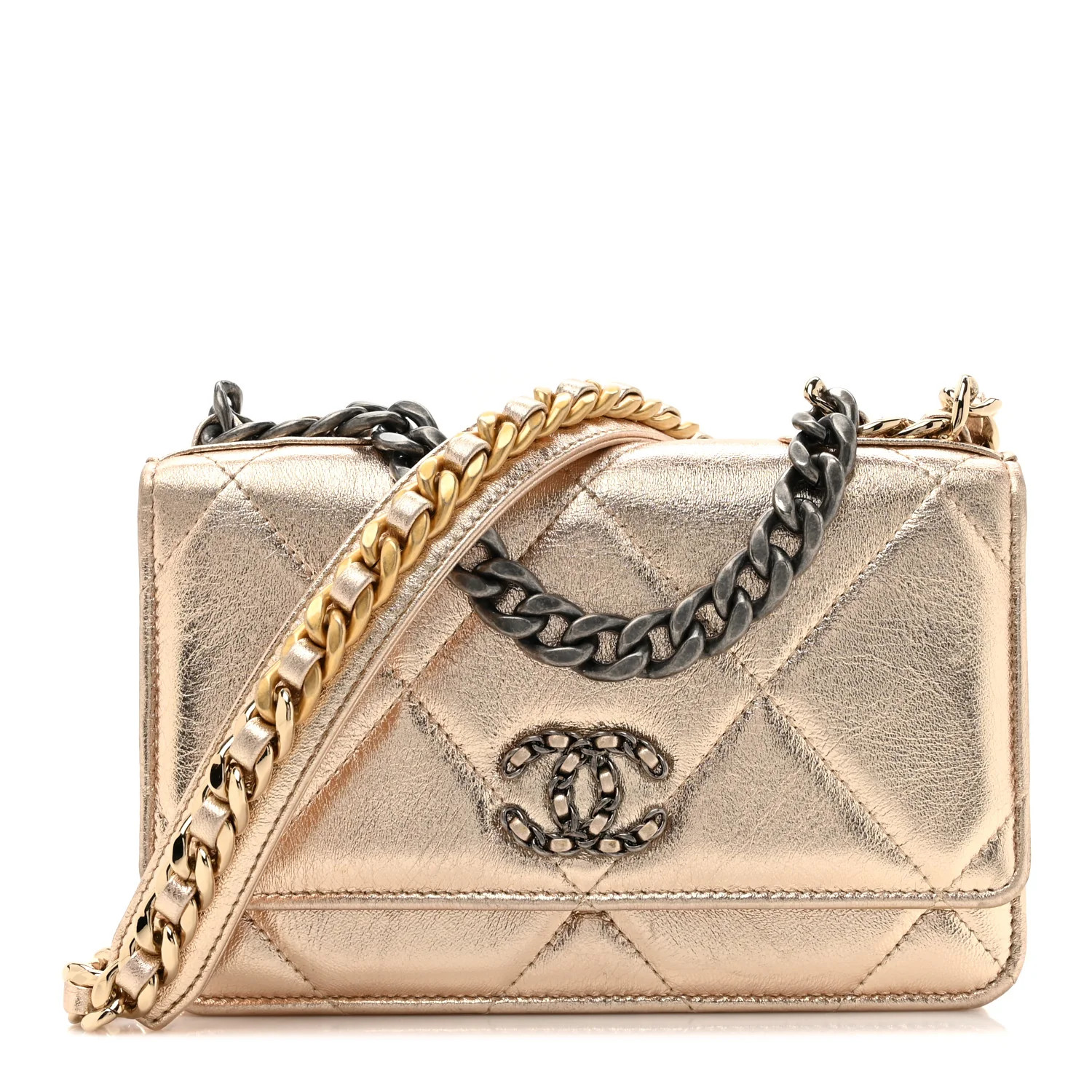 Metallic Goatskin Quilted Chanel 19 Wallet On Chain WOC Gold | FASHIONPHILE (US)