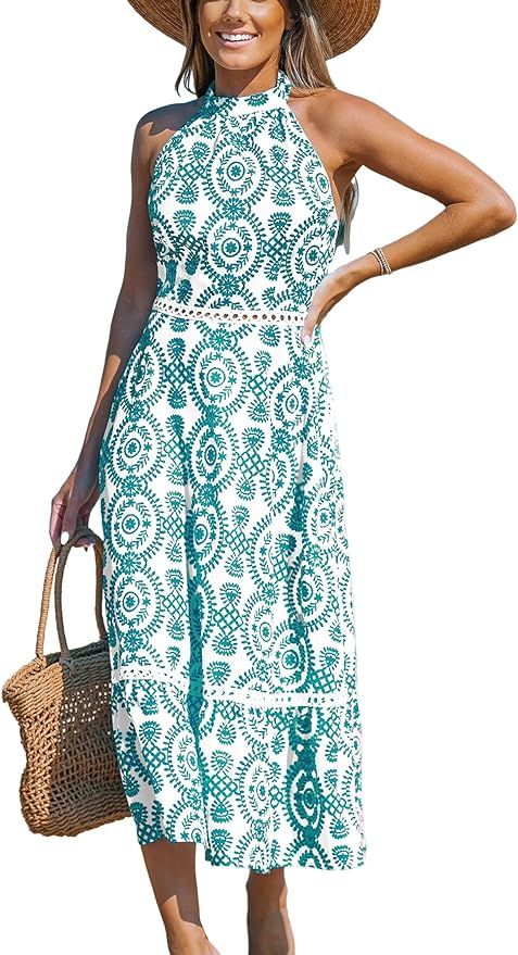 CUPSHE Women's Midi Dress Halter Paisley Sleeveless Cutout Waist Long Beach Boho Summer Dress | Amazon (US)
