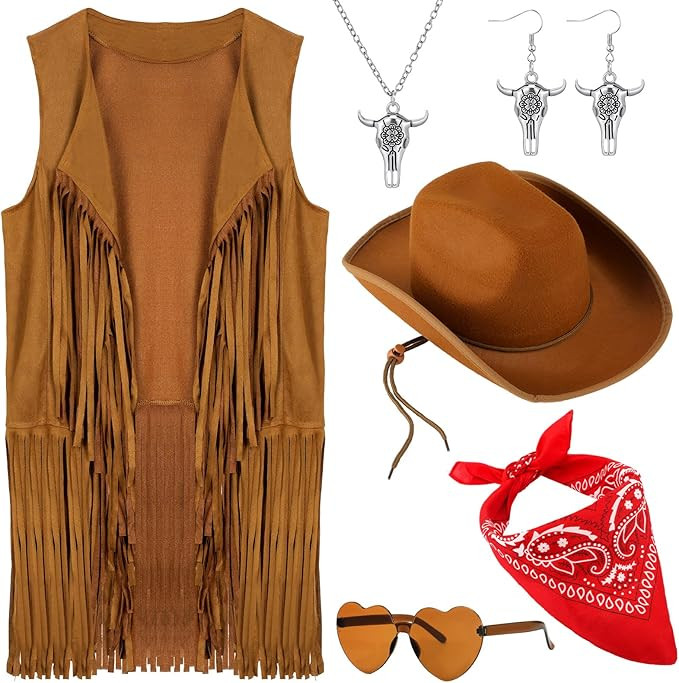 Zonon 6 Pcs Western Cowgirl 70s Hippie Costume Set for Women with Fringe Vest Hat Scarf Earrings ... | Amazon (US)