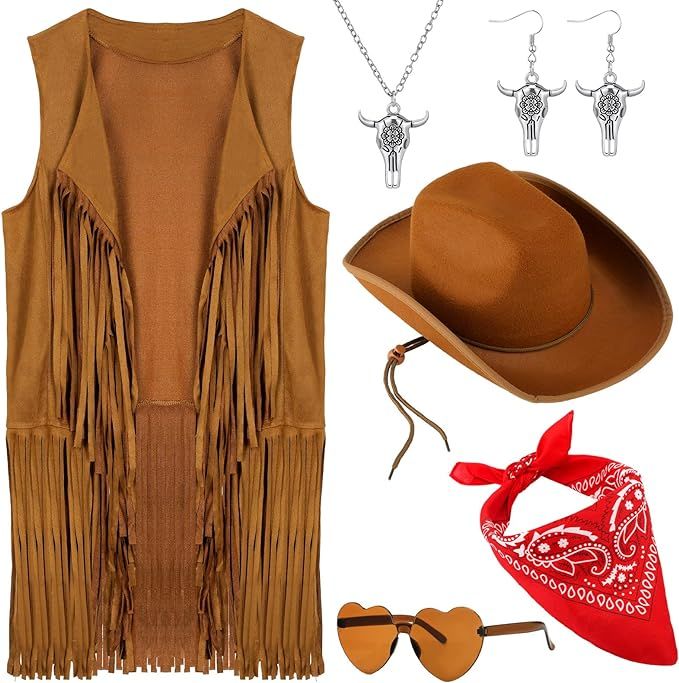 Zonon 6 Pcs Western Cowgirl 70s Hippie Costume Set for Women with Fringe Vest Hat Scarf Earrings ... | Amazon (US)