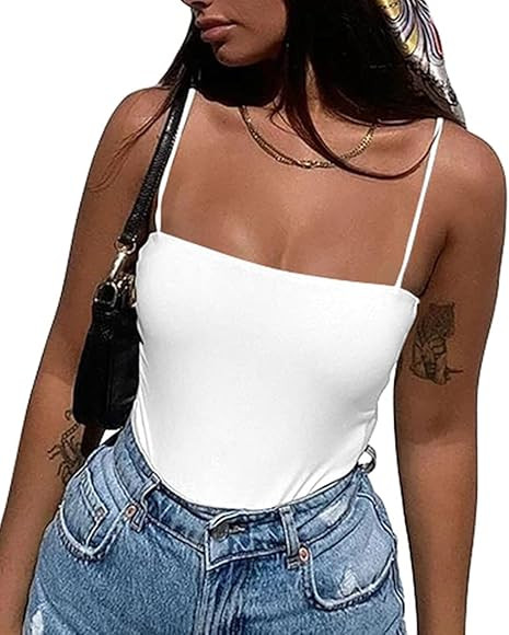 BEAGIMEG Women's Spaghetti Strap Bodysuits Tops Back Adjustable Solid Basic Leotard | Amazon (US)