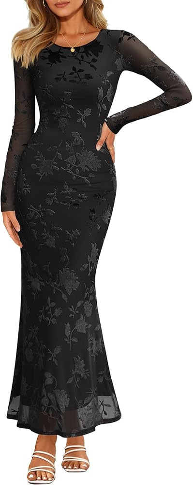 MEROKEETY Women's Fall Formal Wedding Guest Dress Long Sleeve Maxi Bodycon Floral Mesh Winter Coc... | Amazon (US)