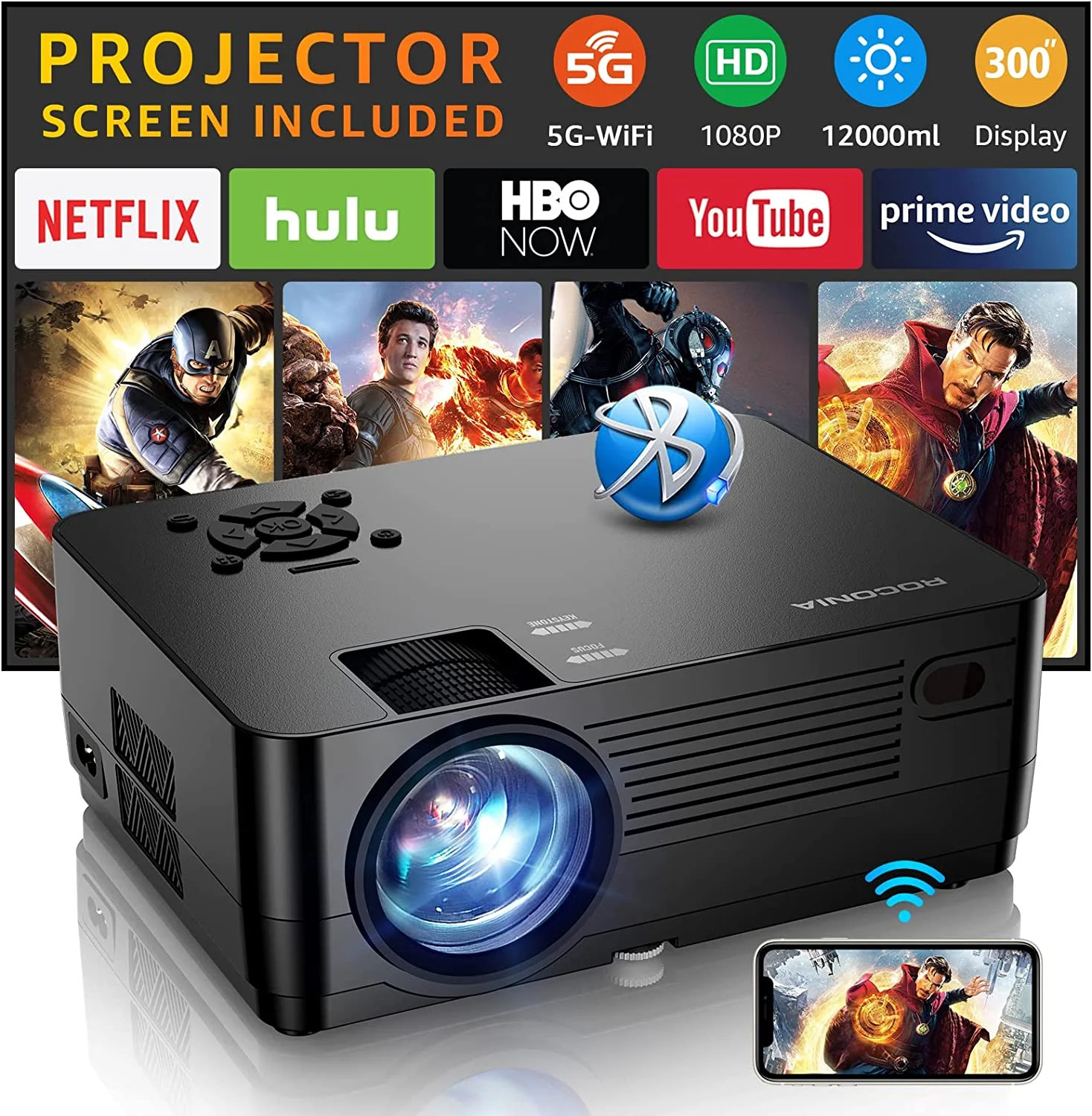 ROCONIA 5G WiFi Bluetooth Native 1080P Projector, 12000LM Full HD Movie Projector, LCD Technology... | Walmart (US)