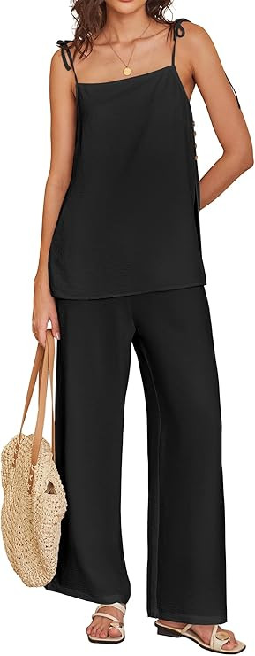 ANRABESS 2 Piece Sets for Women Summer Casual Lounge Spaghetti Strap Top Wide Leg Pants Set Vacat... | Amazon (US)