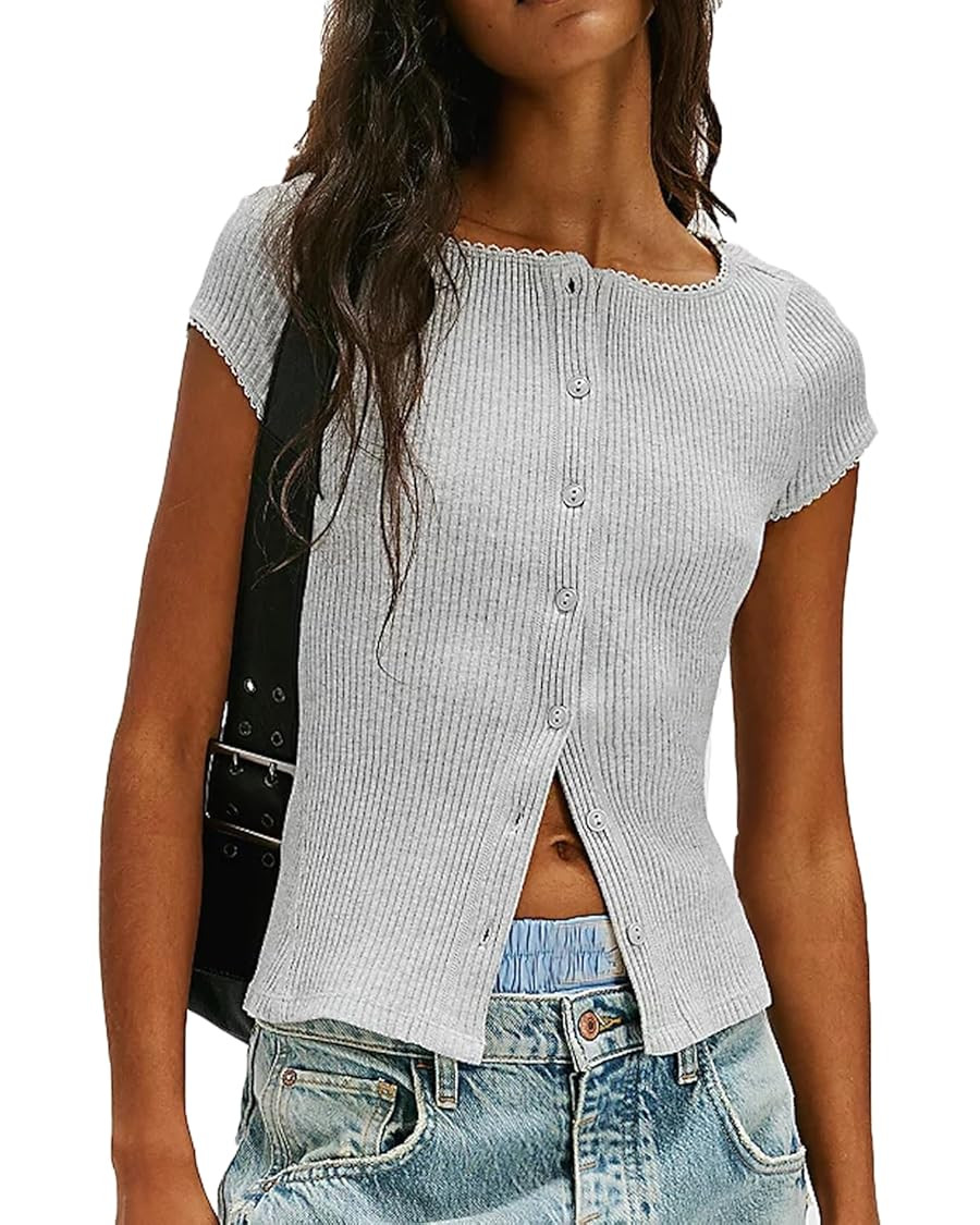 Womens Slim Fitted Shirts Short Sleeve Cardigan Button Down Blouses Y2k Ribbed Tops | Amazon (US)