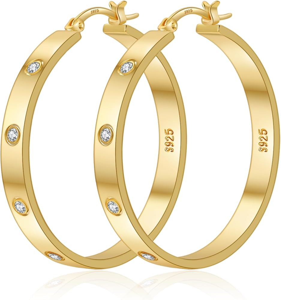 ABPBA Lightweight Sterling Silver Hoop Earrings for Women 5MM Wide Large Rhinestone Hoop Earrings... | Amazon (US)