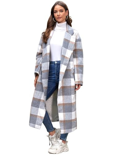 LNKQA Women's Oversized Plaid Wool Coat Casual Lapel Collar Double Breasted Winter Long Pea Coat with Pockets(Sky Blue,Small) | Amazon (US)