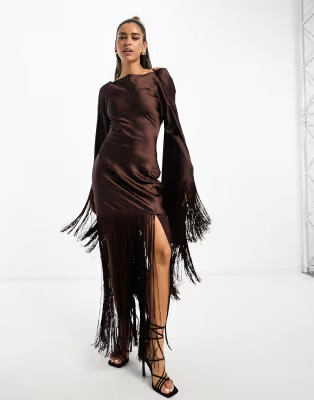 ASOS DESIGN satin flare sleeve mini dress with fringe detail in chocolate | ASOS (Global)