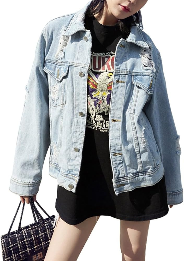 JUDYBRIDAL Oversize Denim Jacket for Women Ripped Jean Jacket Boyfriend Long Sleeve Coat | Amazon (US)