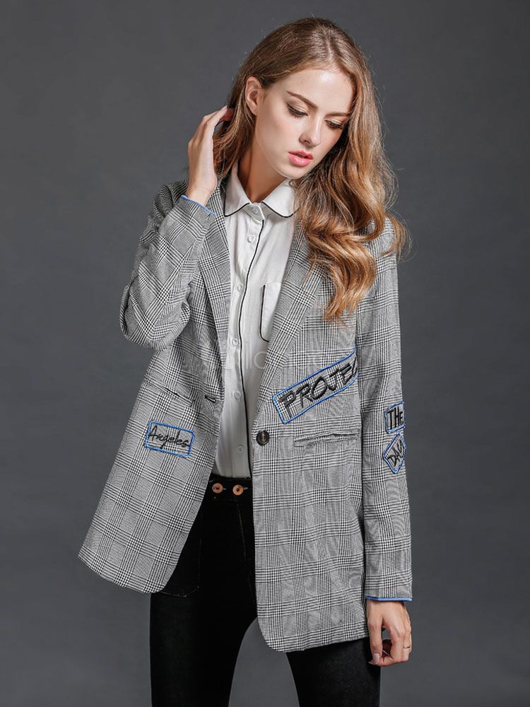 Grey Blazer Jacket Women's Letters Embroidered 1-Button Fit Casual Jacket | Milanoo