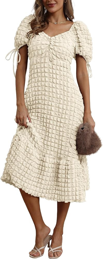 Locachy Womens Casual Summer Dresses 2024 Boho Short Sleeve V Neck Sundresses Backless Long Textu... | Amazon (US)