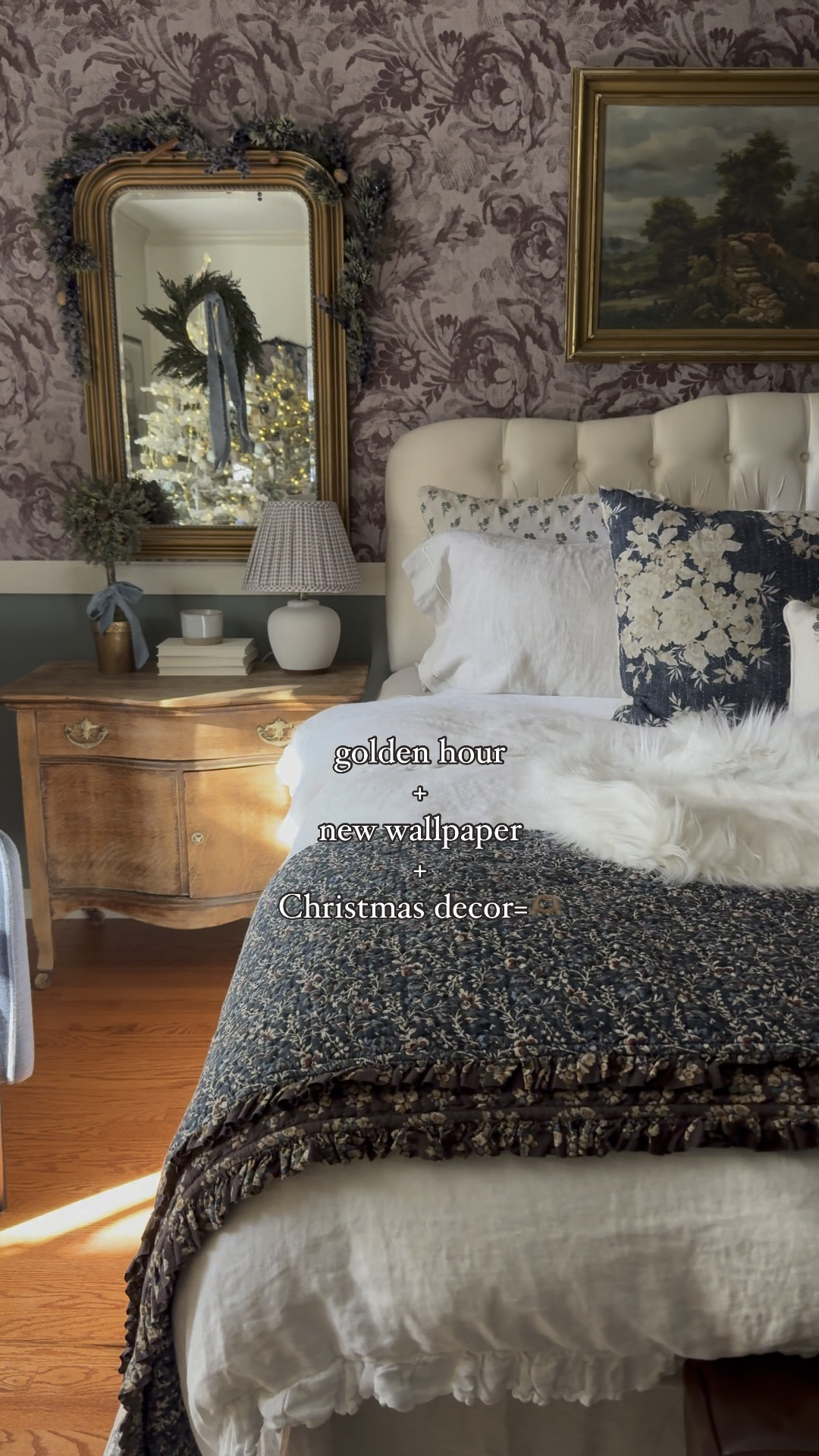 Christmas garland, blueberry garland, arched gold mirrors, floral peel and stick wallpaper, floral pillows, floral curtains, Christmas bedroom inspo, holiday bedroom decor

#LTKVideo #LTKHome #LTKHoliday