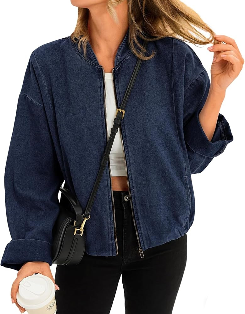 Tankaneo Womens Denim Bomber Jacket Lightweight Zip Up Short Jean Jacket Fall Casual Shacket Oute... | Amazon (US)