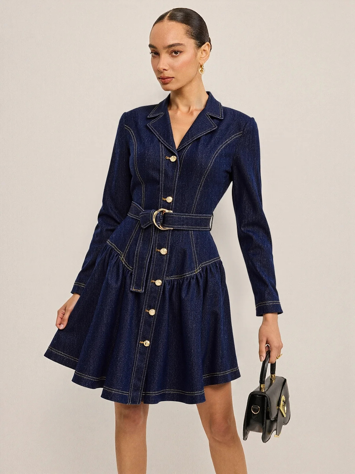 Metal Button Belted Denim Flare Mini Dress | Commense