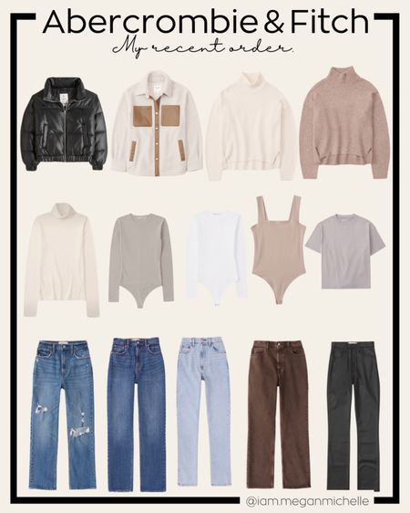 This is my recent Abercrombie order as seen on TikTok @iam.meganmichelle! Puffer Jacket, Shacket, Bodysuits, Turtleneck Sweaters, & Jeans. 

#LTKSeasonal #LTKunder100 #LTKstyletip