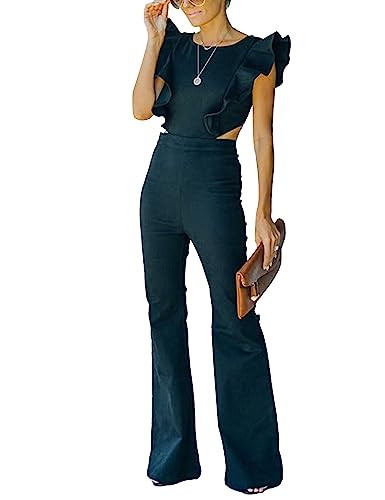Omoone Womens Flared Denim Overalls Jumpsuit Ruffle Sleeves Backless Stretchy Blue Jean Romper(3219-Black-XS) | Amazon (US)