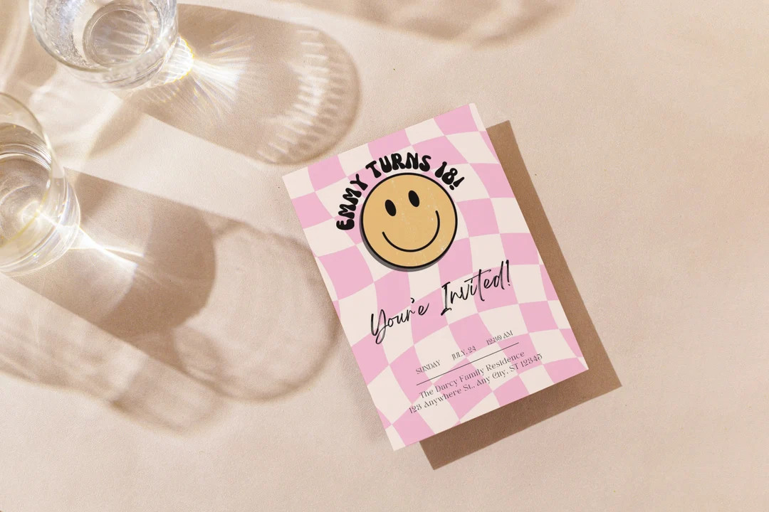 Birthday Invitation  Retro Birthday Invite  Preppy smiley - Etsy | Etsy (US)