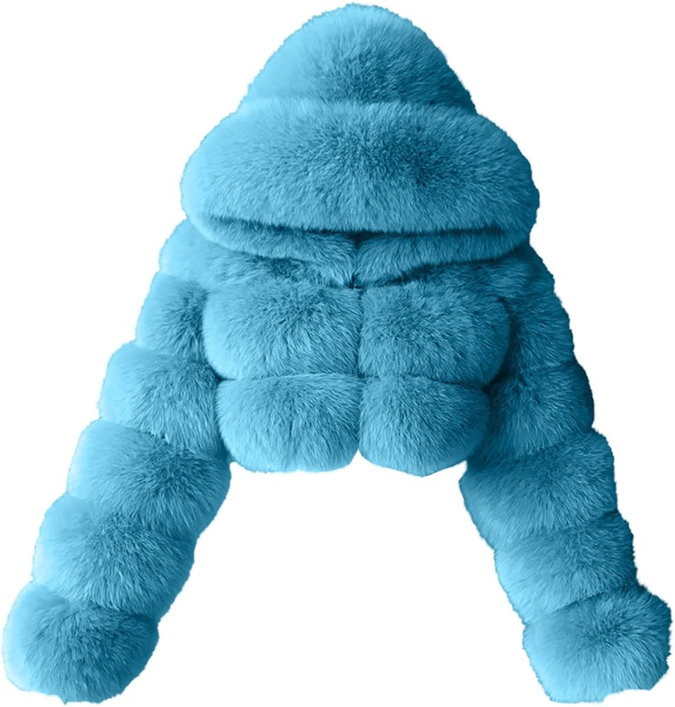 Womens Faux Fur Coat Jacket Open Front Crop Tops Solid Color Shaggy Hooded Cardigan Long Sleeve F... | Amazon (US)