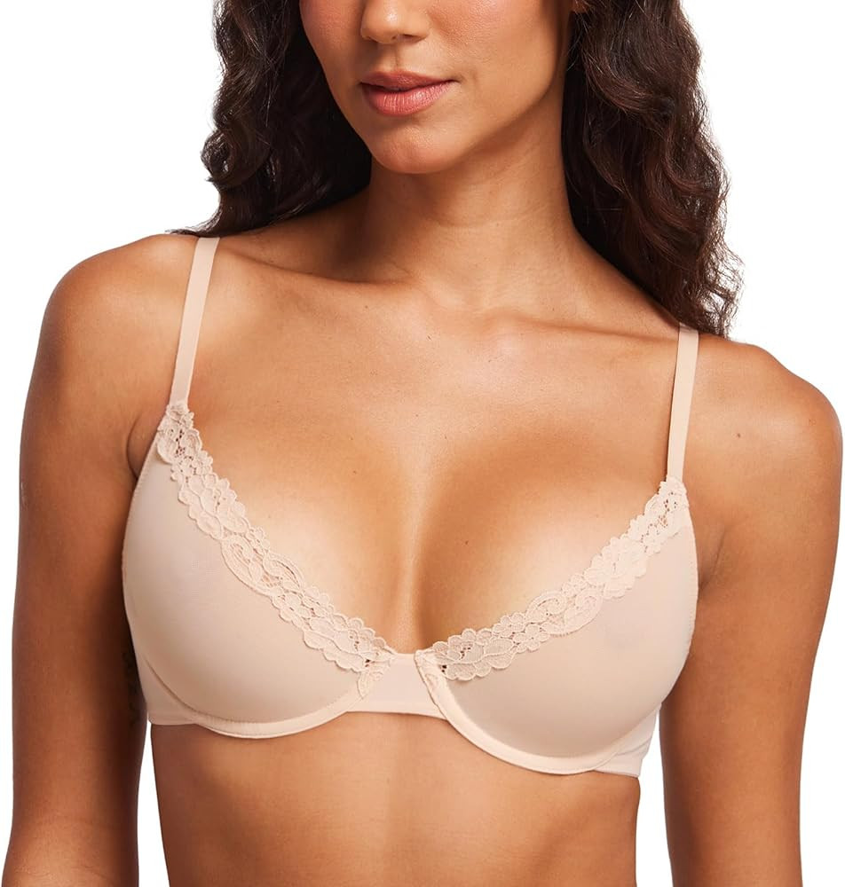 DOBREVA Women's Mesh Balconette Bra Sheer Demi Underwire Unlined Sexy Plus Size Plunge Bras Lace ... | Amazon (US)