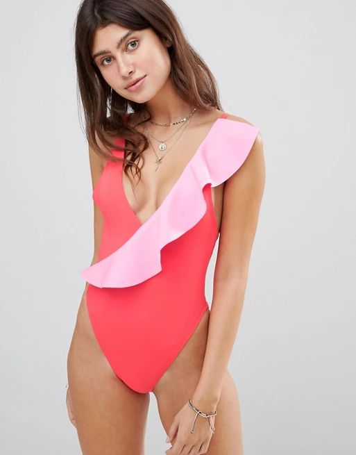 River Island Asymmetric Pink Frill Swimsuit | ASOS US