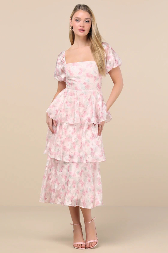 Serah Blush Floral Organza Tiered Midi Dress | Lulus