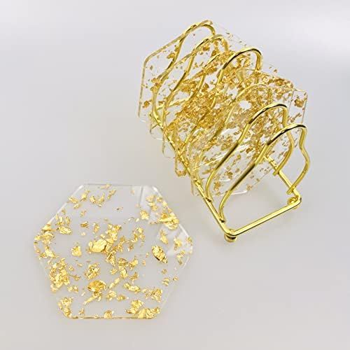 Coaster Set with Metal Holder Stand Hexagon Gold Foil Acrylic Drinks Coasters Heat Proof for Tabl... | Amazon (US)