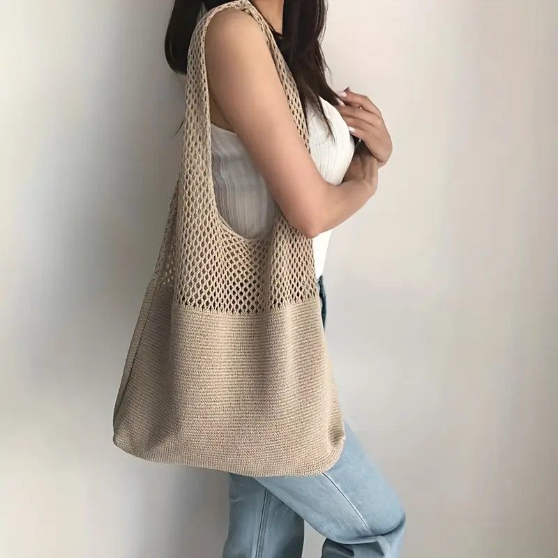 Hollow Out Crochet Bag Literary Knitted Shoulder Bag Large - Temu Canada | Temu Affiliate Program