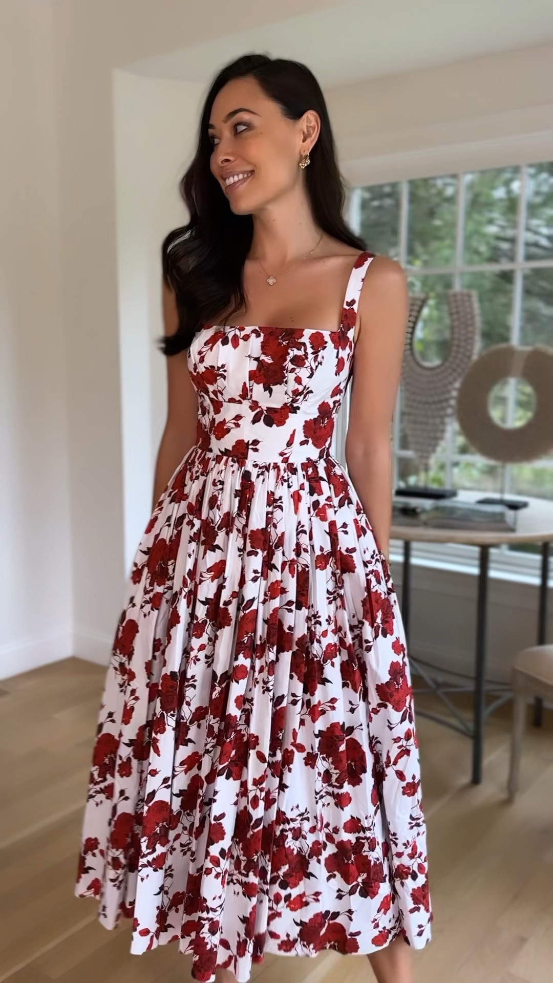 Kat Jamieson wears a red floral dress and cream dress. Midi dress, Emilia Wickstead dress, Carolina Herrera dress, bridal, wedding guest dress, baptism outfit, spring outfit. 

#LTKwedding #LTKSeasonal #LTKparties