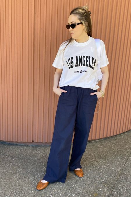 Todays casual #ootd
Navy linen trousers
White Anine Bing tee
Brown Ballerina Flats

Perfect outfit for semi casual workwear, errands, lunch w/ friends!

#LTKover40 #LTKworkwear #LTKSeasonal