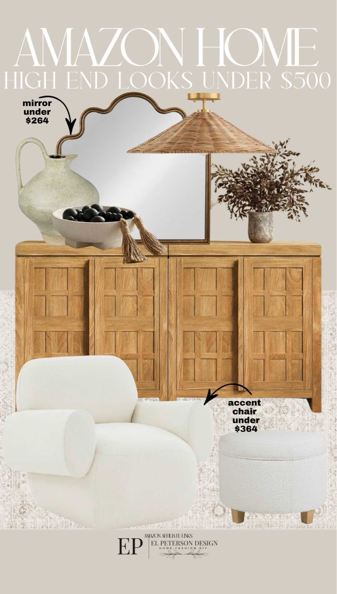Amazon
Sideboard
Vase
Bowl
Lighting
Accent Chair
Rug 
Mirror